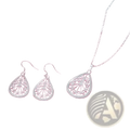 Sterling silver teardrop jewelry set featuring silver filigree pendant necklace and matching earrings
