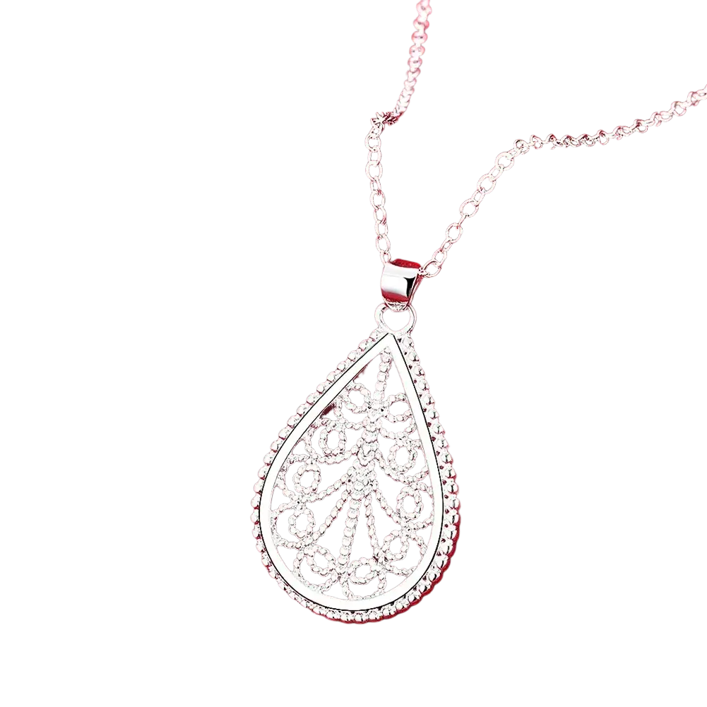Sterling silver teardrop pendant necklace with intricate filigree design and diamond accented border