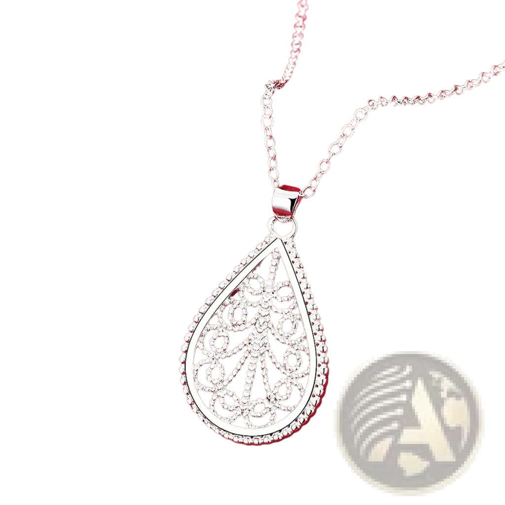 Sterling silver teardrop pendant necklace with intricate filigree design and diamond accented border