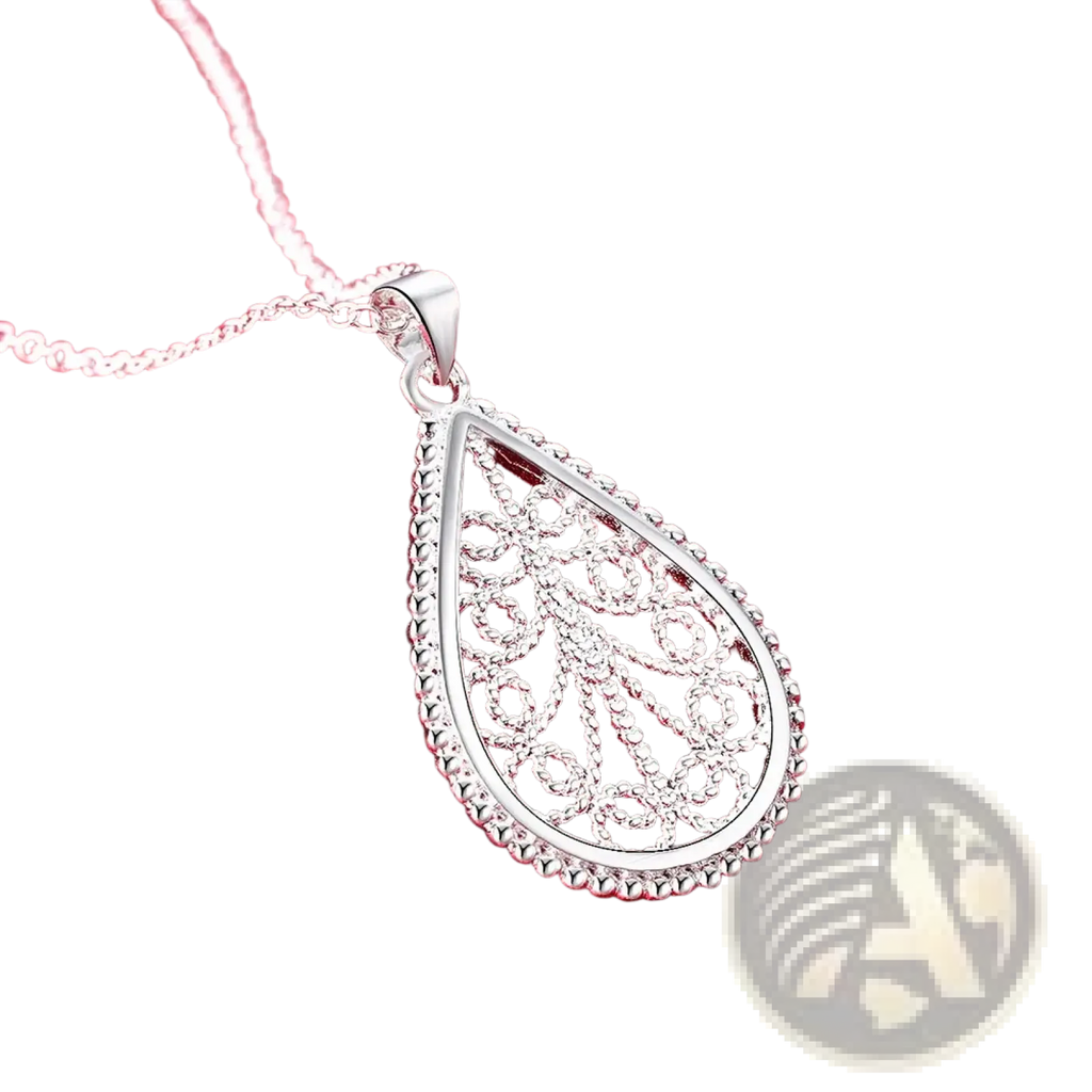 Sterling silver teardrop pendant necklace with intricate filigree design and beaded edge from jewelry set