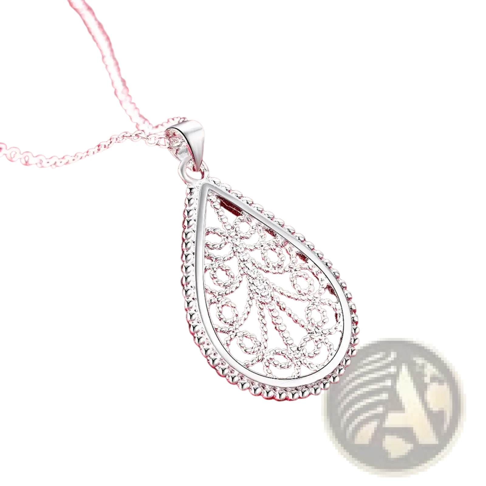 Sterling silver teardrop pendant necklace with intricate filigree design and beaded edge from jewelry set