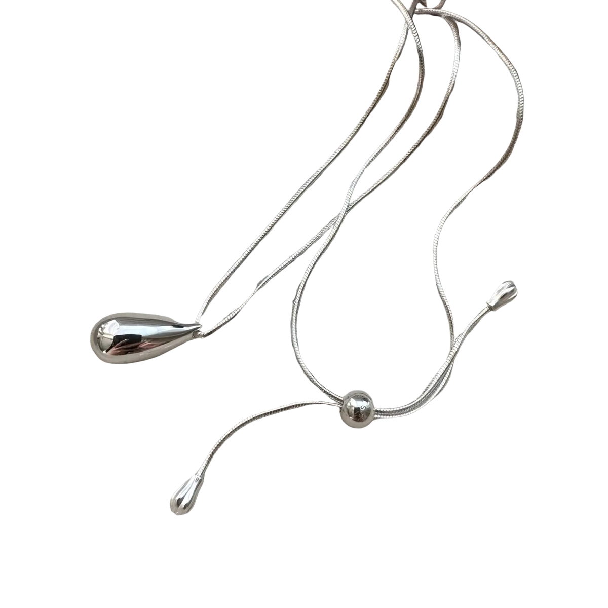 Sterling silver teardrop necklace with a sleek polished finish and delicate snake chain fine jewelry piece