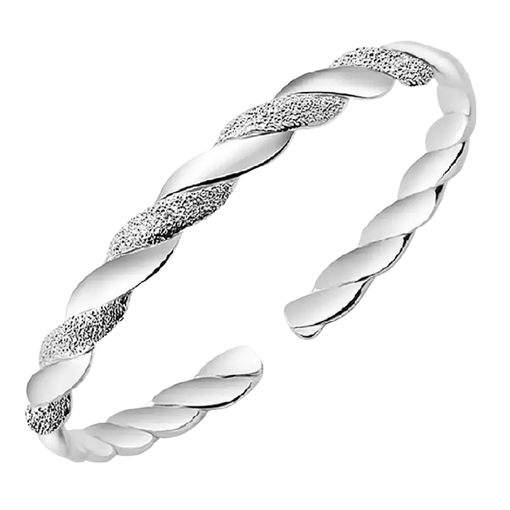 Sterling silver twisted bangle bracelet with silver twisted rope design and textured matte finish on alternating segments