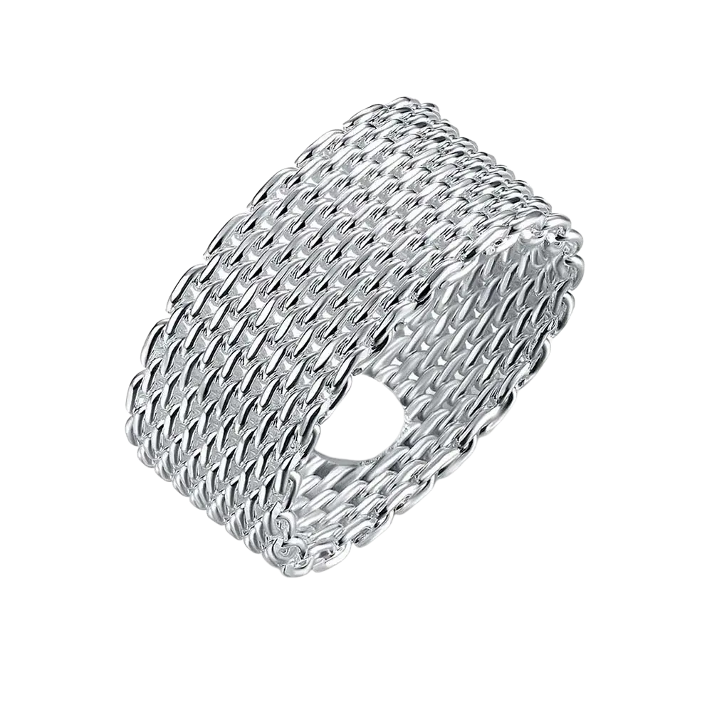 Sterling silver woven mesh wide ring for women with a smooth rounded white accent stone in the center
