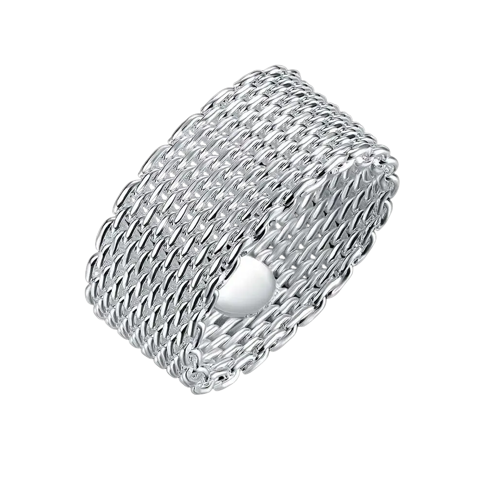 Sterling silver woven mesh wide ring for women featuring an intricately woven design and a smooth white stone center
