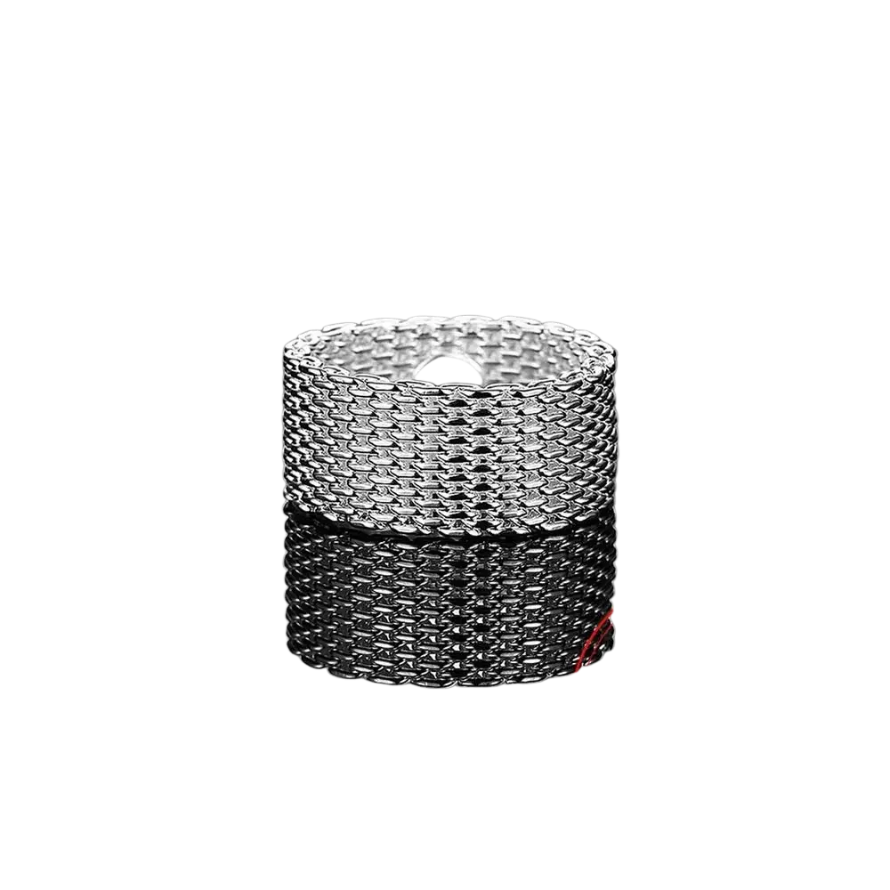 A wide sterling silver woven mesh ring for women with an intricately textured design and polished finish