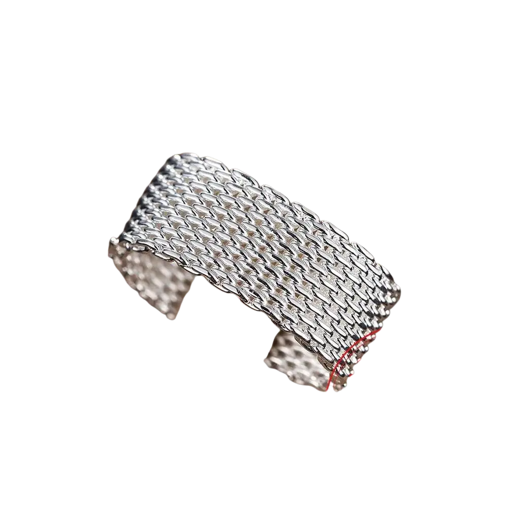 Sterling silver woven mesh wide ring for women with a sleek silver 925 sterling silver interlocking chain design