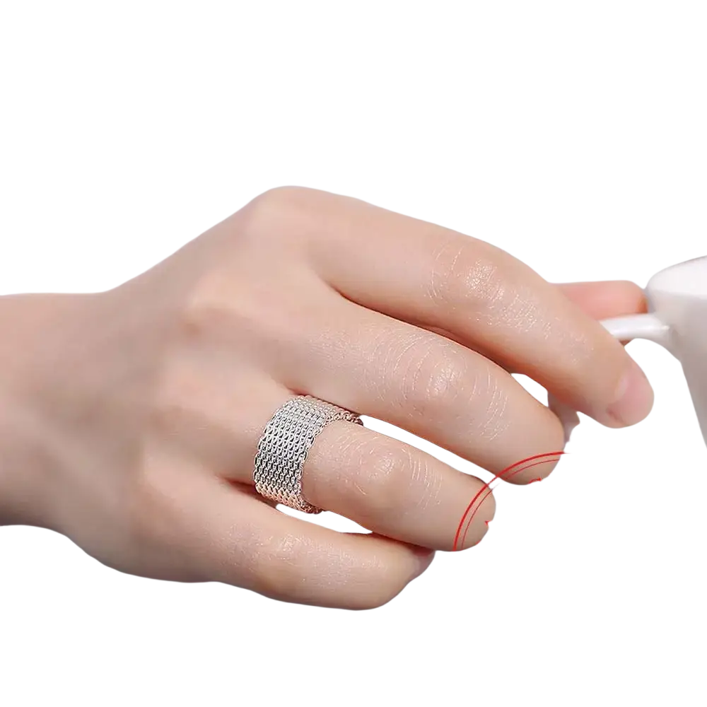 A sterling silver wide band ring for women with a sleek textured woven mesh design