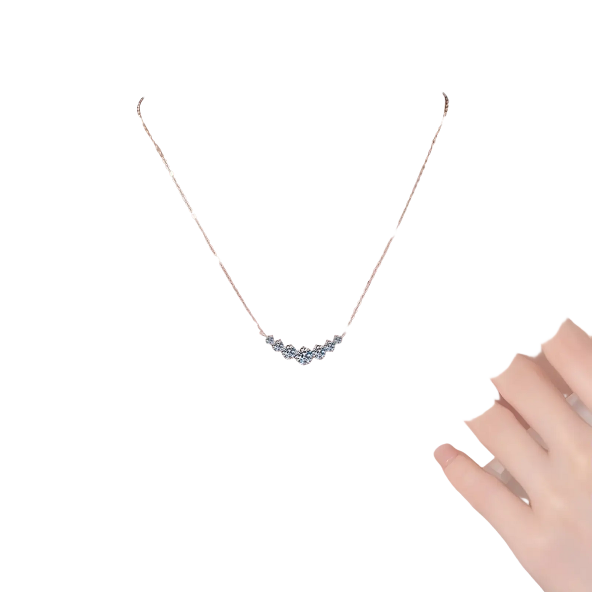 Sterling silver zircon curve pendant necklace with a delicate silver bow featuring sparkling clear crystals