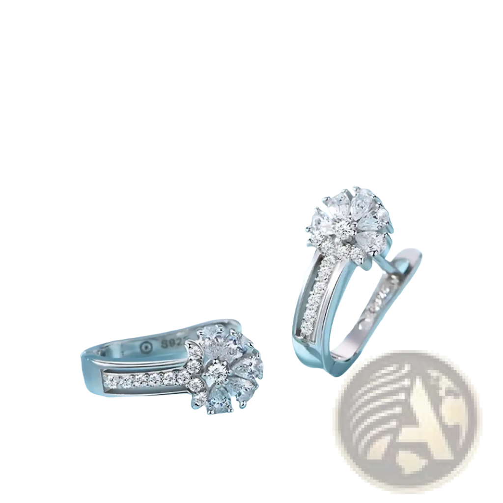 Silver sterling silver zircon flower earrings with pave-set clear crystals and sleek modern floral stud design