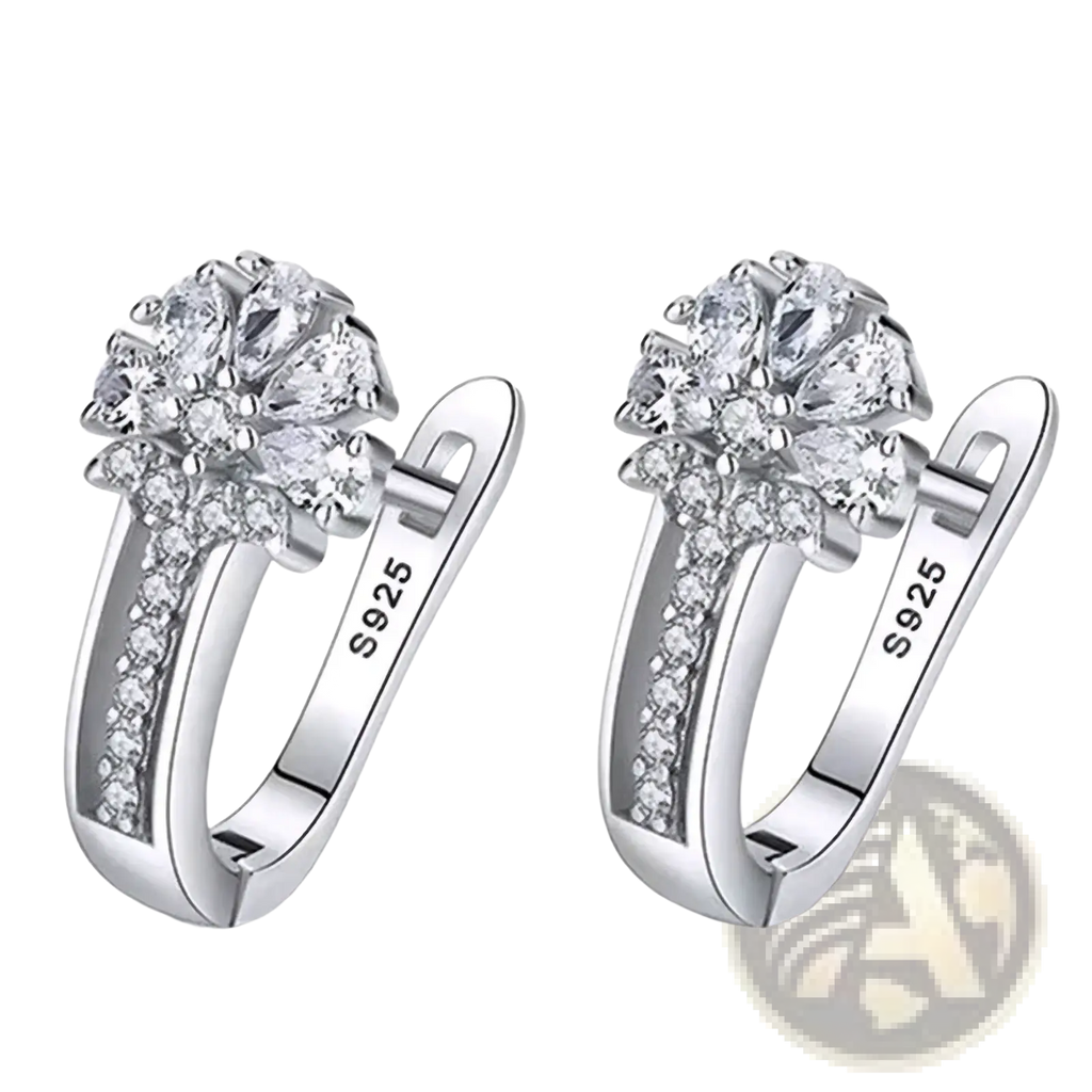Sterling silver zircon flower earrings shaped as hoops adorned with clear crystals for elegant wear
