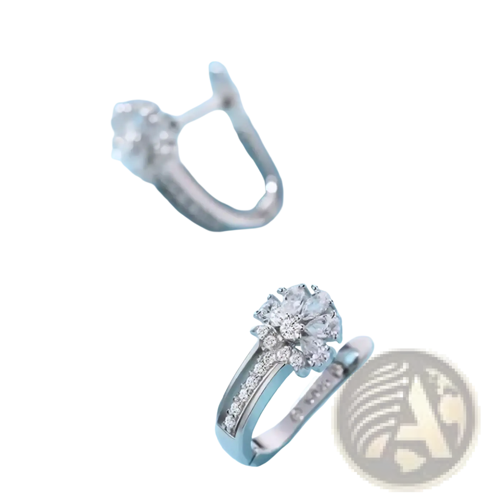Sterling silver zircon flower hoop earrings with a central cluster of sparkling diamonds and smaller stones along the band