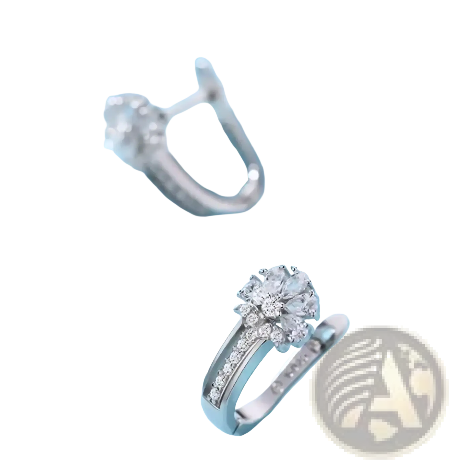 Sterling silver zircon flower hoop earrings with a central cluster of sparkling diamonds and smaller stones along the band