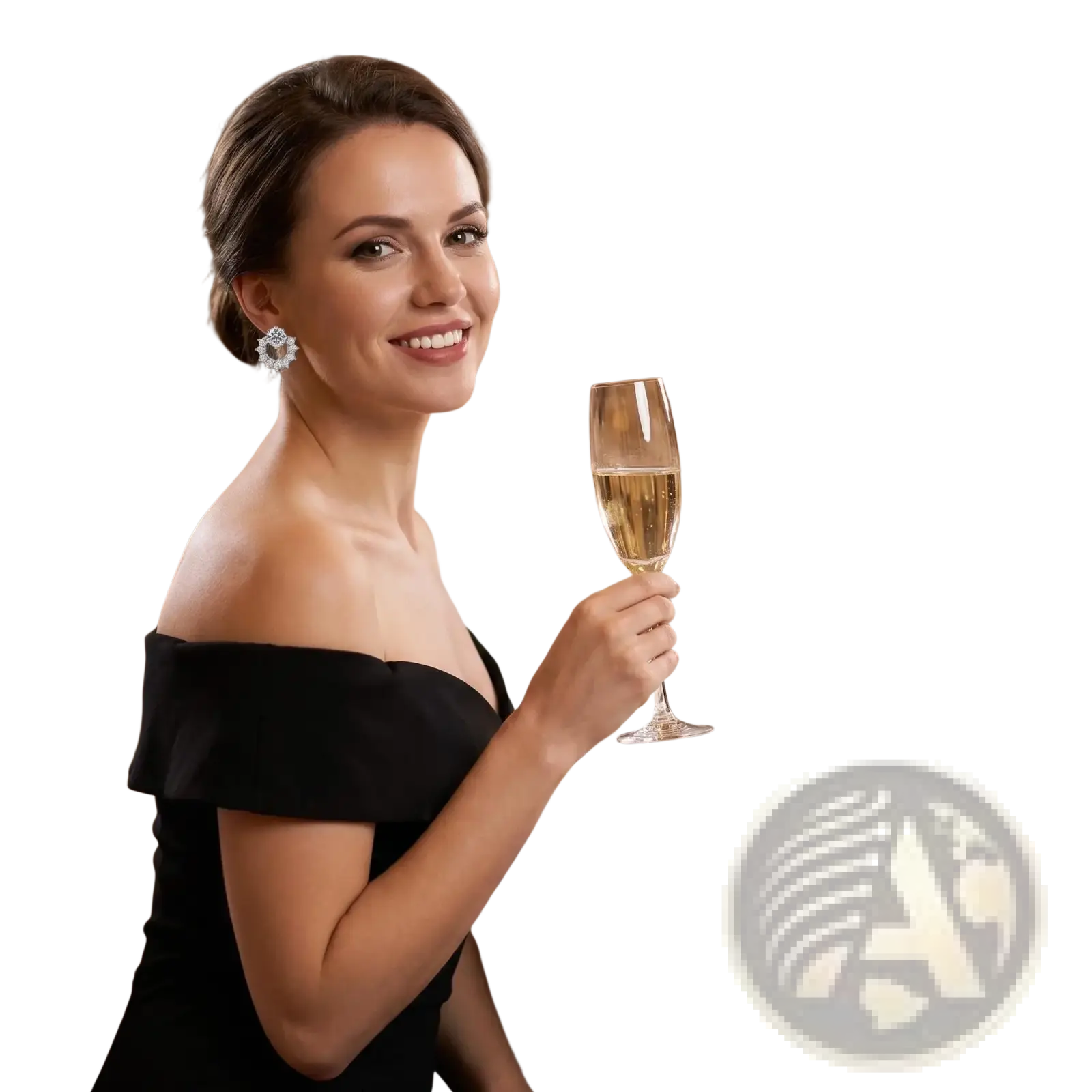 Black off-the-shoulder evening dress paired with sterling silver zircon flower stud earrings for formal occasions