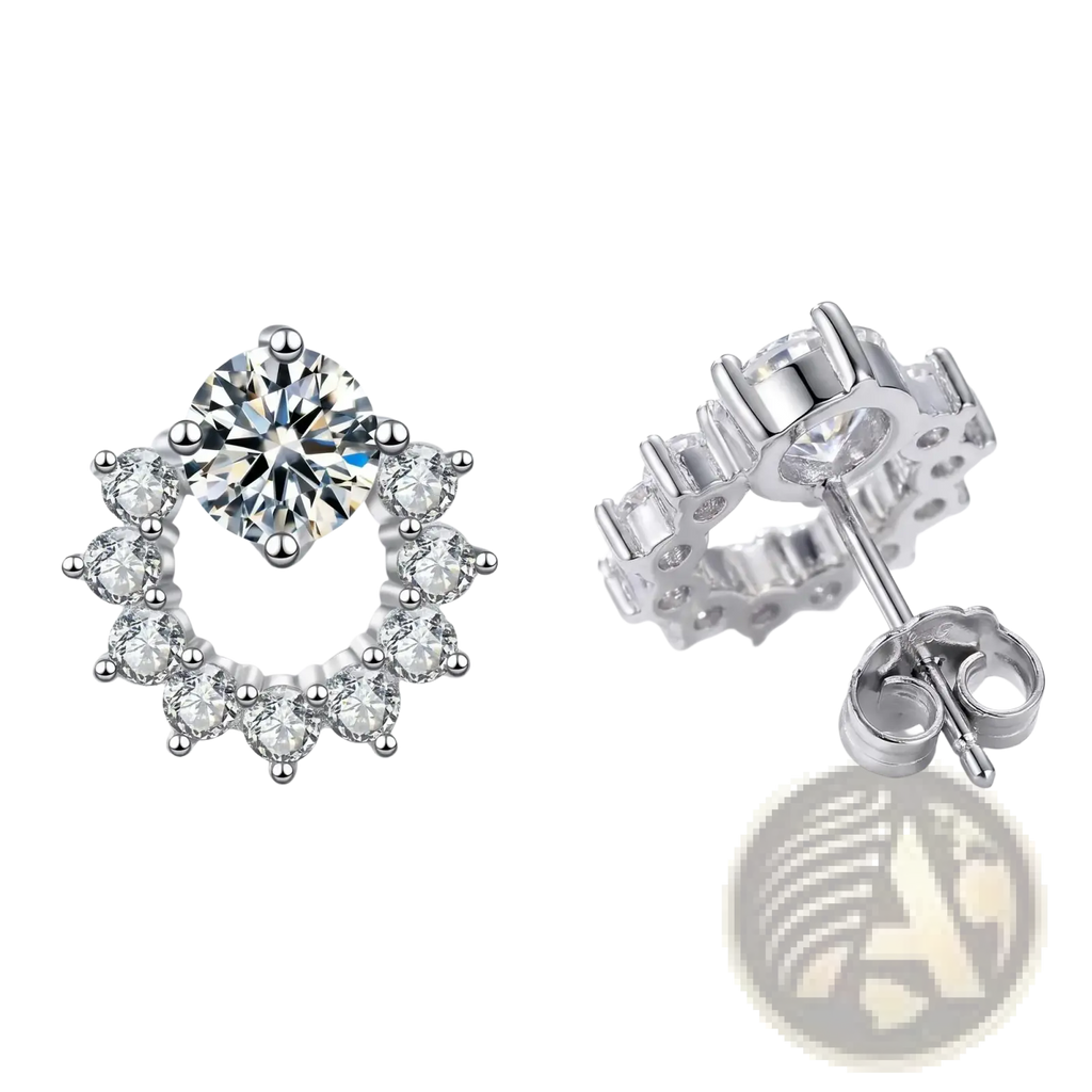 Sterling silver zircon flower stud earrings with central round diamond and halo of smaller diamonds in metallic frame