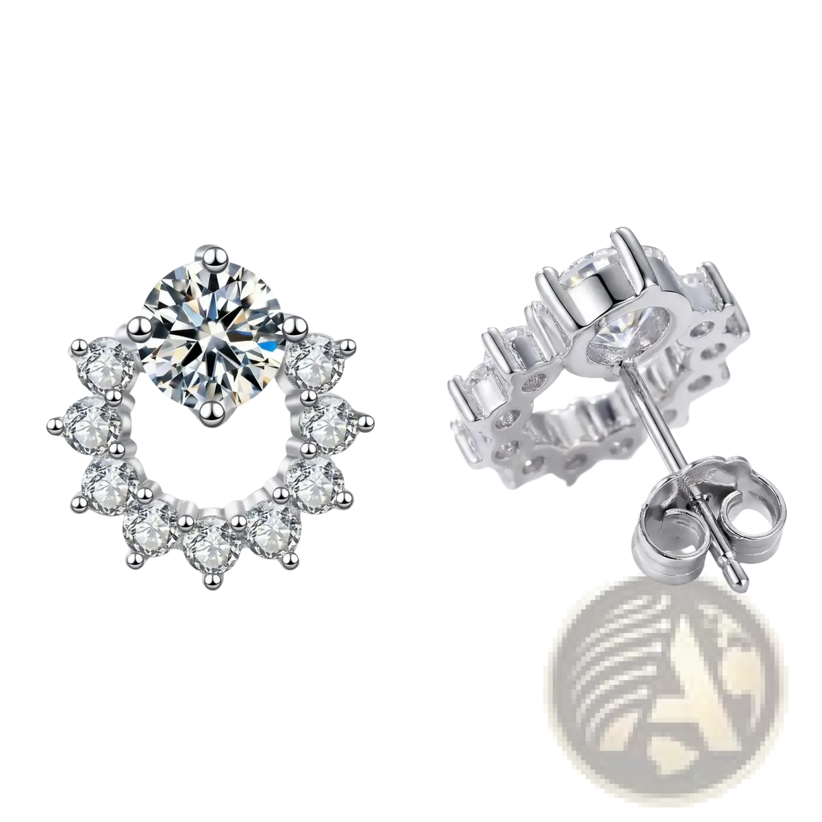 Sterling silver zircon flower stud earrings with central round diamond and halo of smaller diamonds in metallic frame
