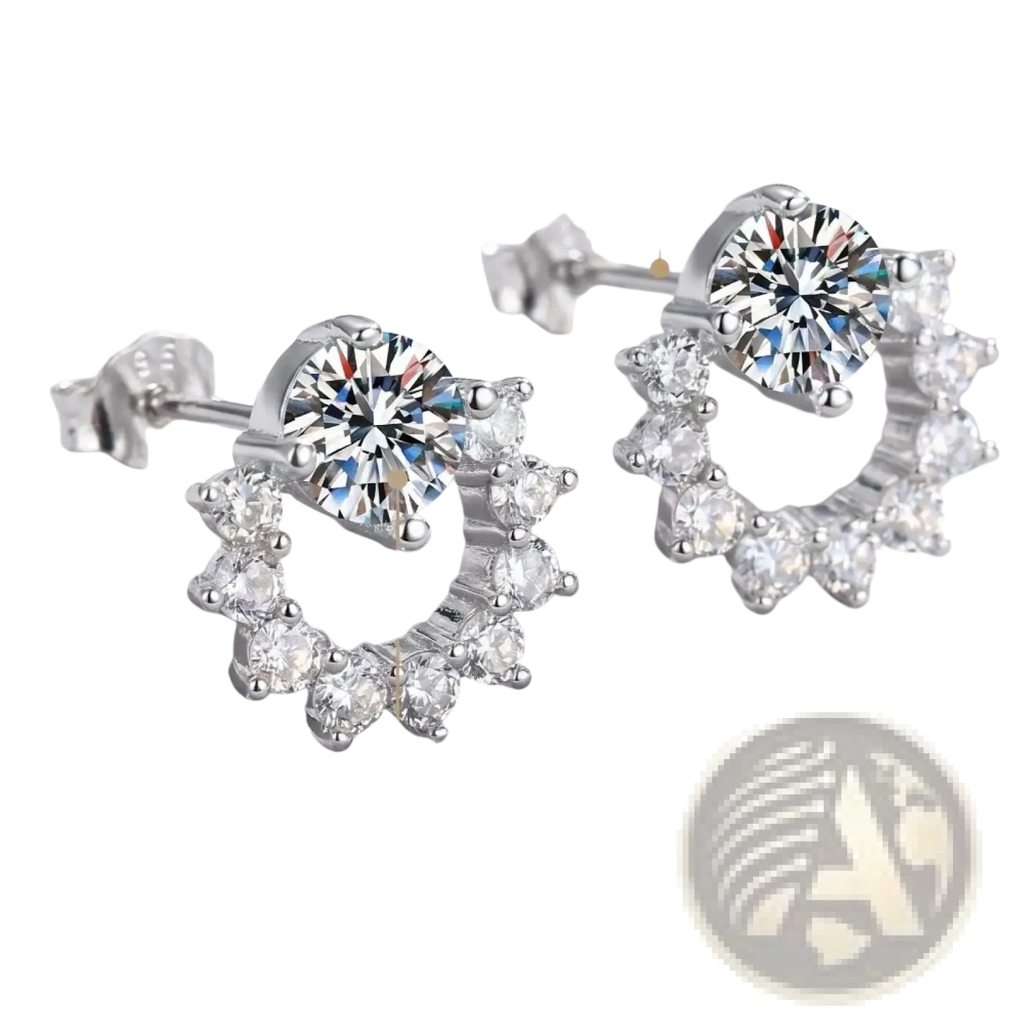Sterling silver zircon flower stud earrings with central brilliant simulant diamond and halo of smaller stones