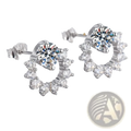 Sterling silver zircon flower stud earrings with central brilliant simulant diamond and halo of smaller stones