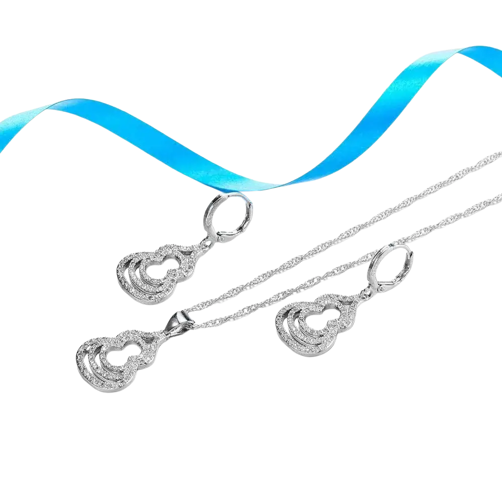 Sterling silver zircon gourd necklace and earrings set with intricate heart-shaped pendants adorned with stones
