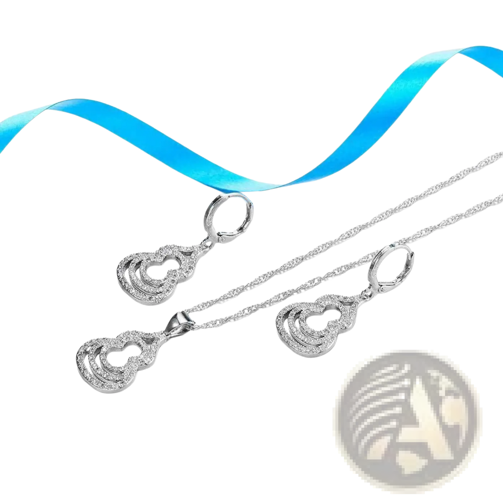 Sterling silver zircon gourd necklace and earrings set with intricate heart-shaped pendants adorned with stones