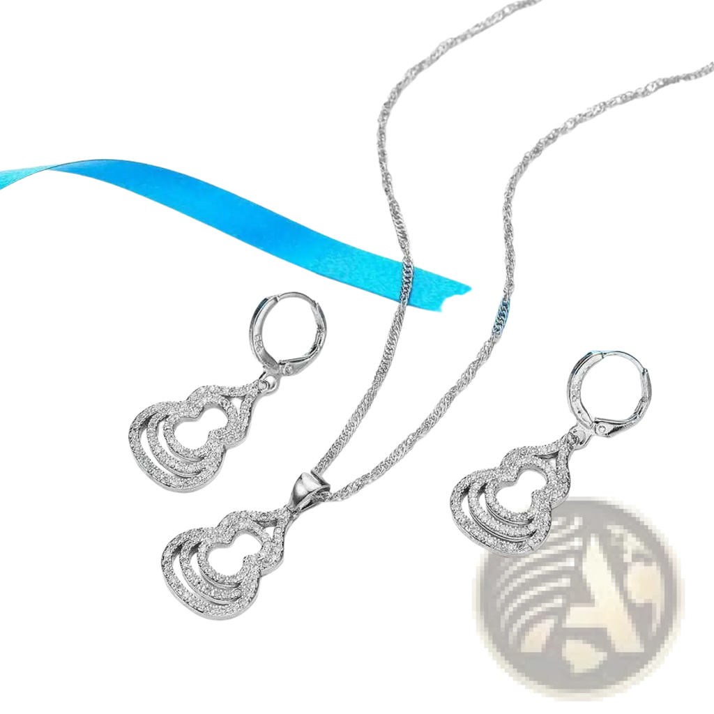 Sterling silver zircon gourd jewelry set featuring silver pendant and earrings with layered heart designs and sparkling stones