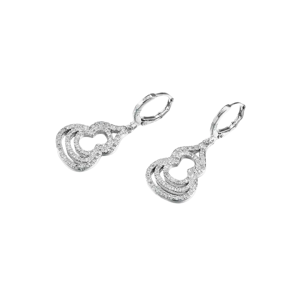 Sterling silver heart-shaped dangle earrings with layered openwork design and pavé-set clear zircon crystals