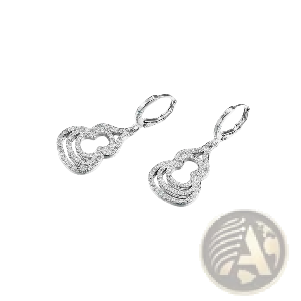 Sterling silver heart-shaped dangle earrings with layered openwork design and pavé-set clear zircon crystals
