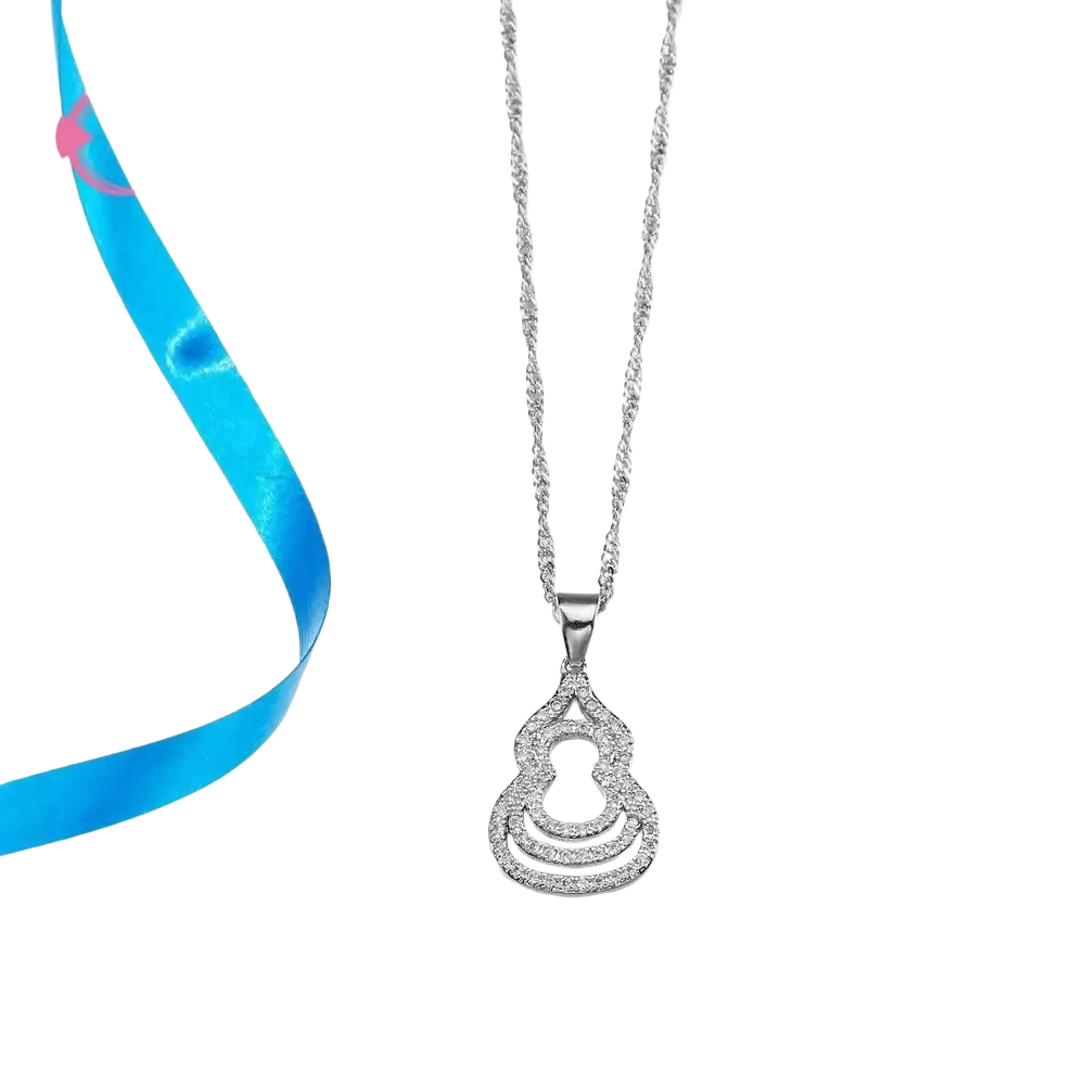 Sterling silver necklace with a dangling layered gourd pendant adorned with sparkling clear zircon stones
