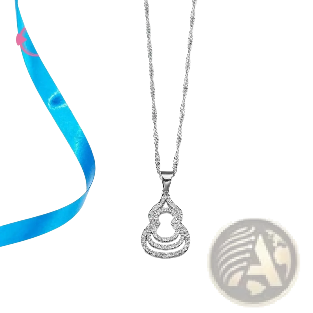 Sterling silver necklace with a dangling layered gourd pendant adorned with sparkling clear zircon stones