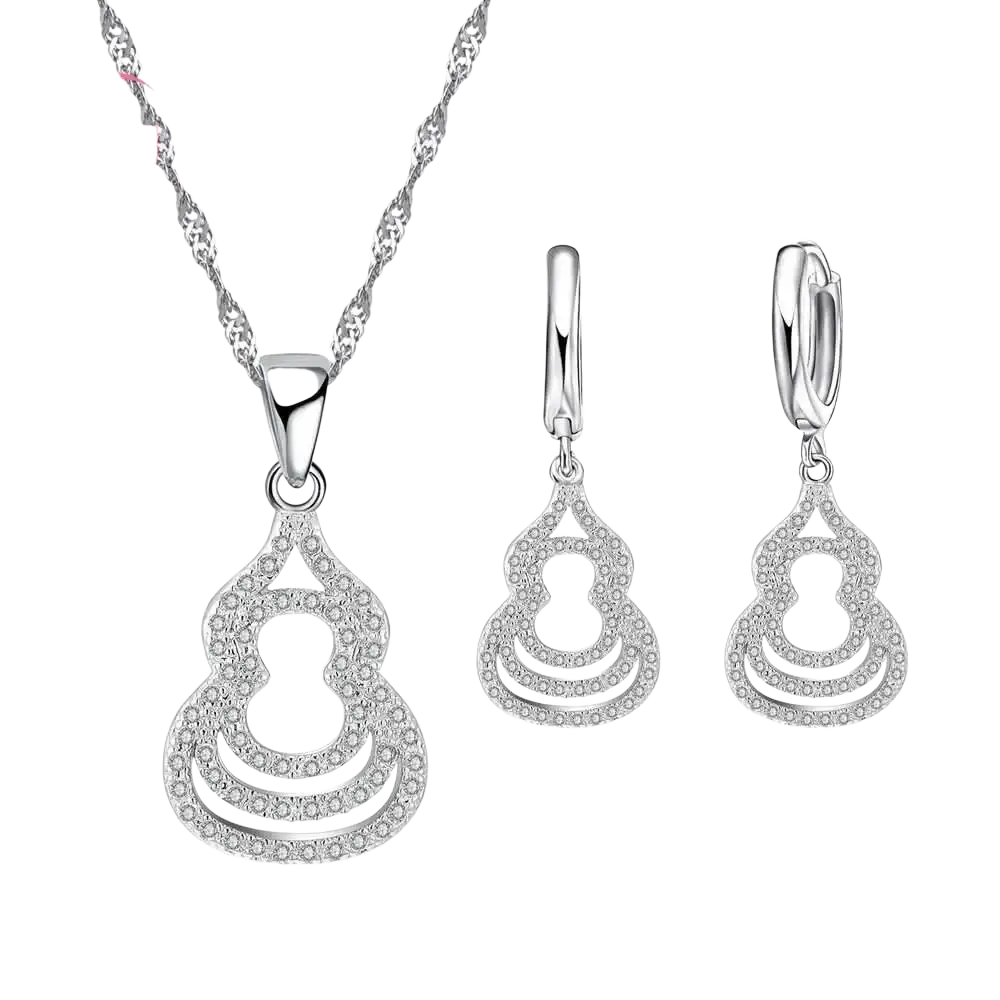 Sterling silver zircon gourd jewelry set with a silver-toned layered pendant and matching crystal-encrusted earrings