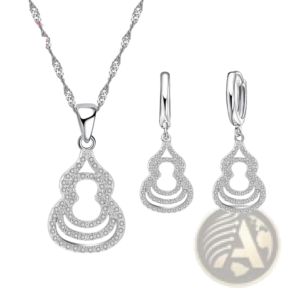 Sterling silver zircon gourd jewelry set with a silver-toned layered pendant and matching crystal-encrusted earrings