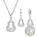 Sterling silver zircon gourd jewelry set with a silver-toned layered pendant and matching crystal-encrusted earrings