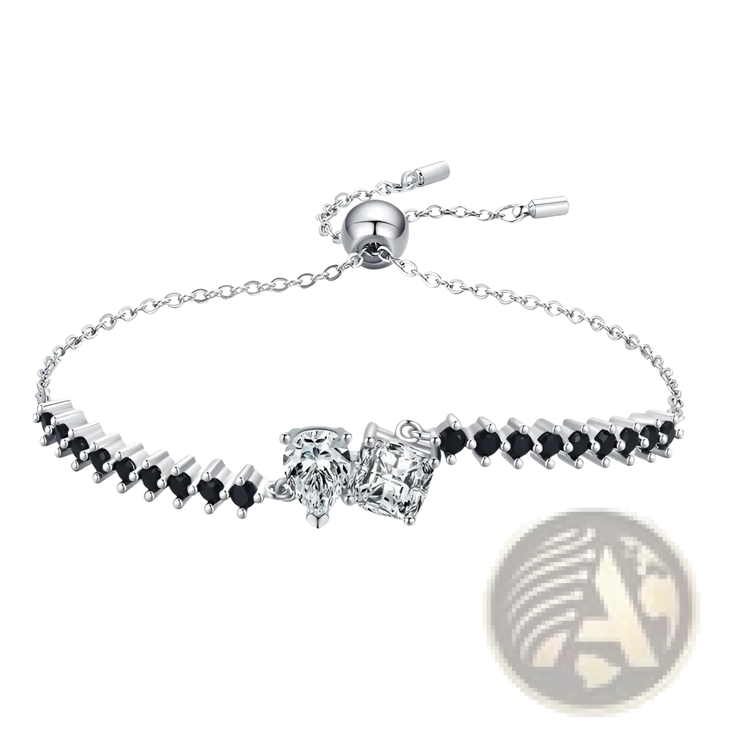 Sterling silver bracelet with two clear zircon gemstones and black heart-shaped stones in an adjustable chain
