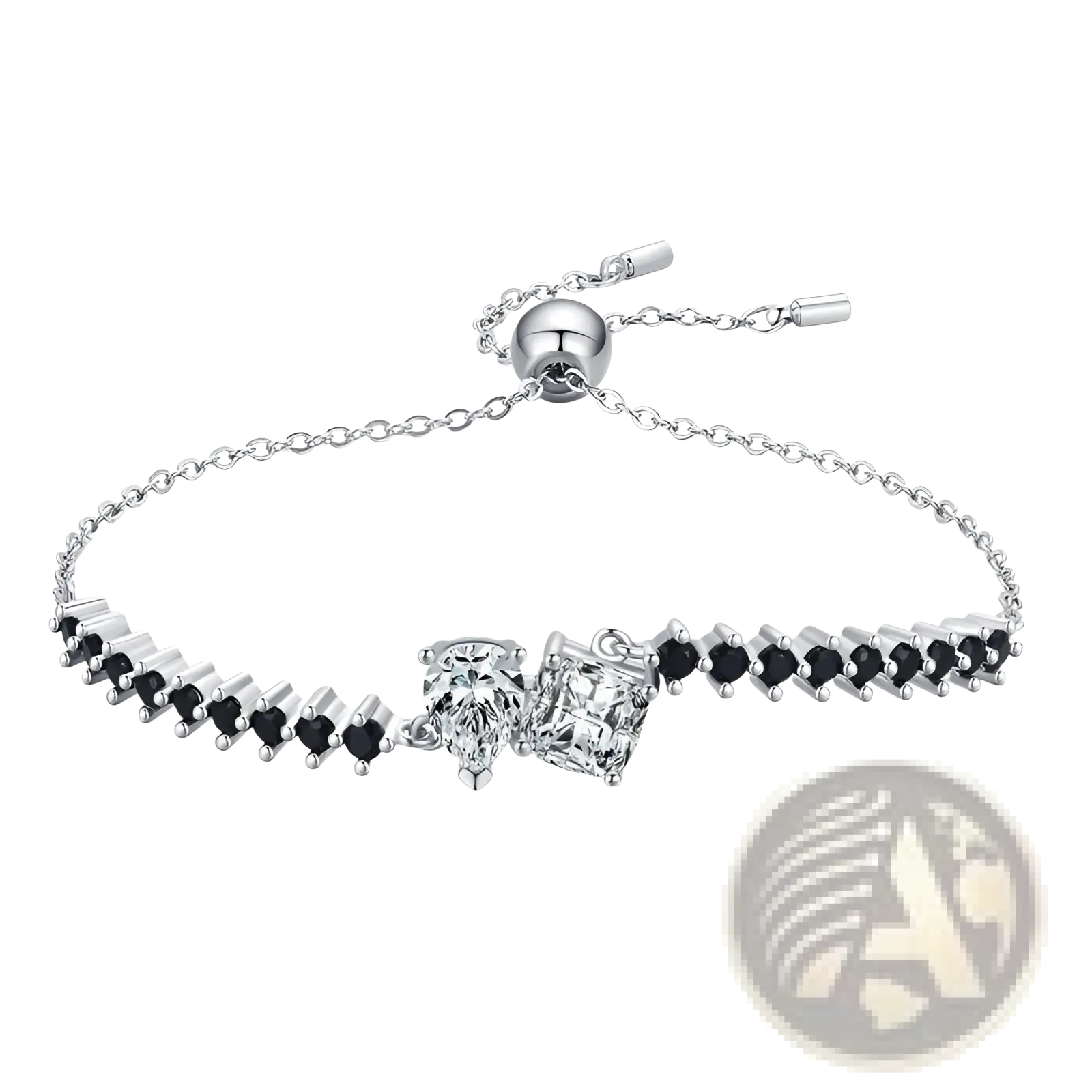 Sterling silver bracelet with two clear zircon gemstones and black heart-shaped stones in an adjustable chain