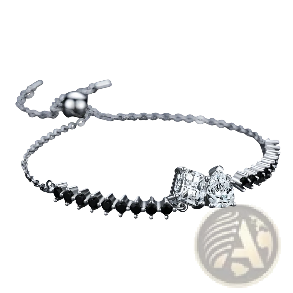 Sterling silver zircon heart bracelet featuring a chain with black and clear cubic zirconia stones and clear gemstones