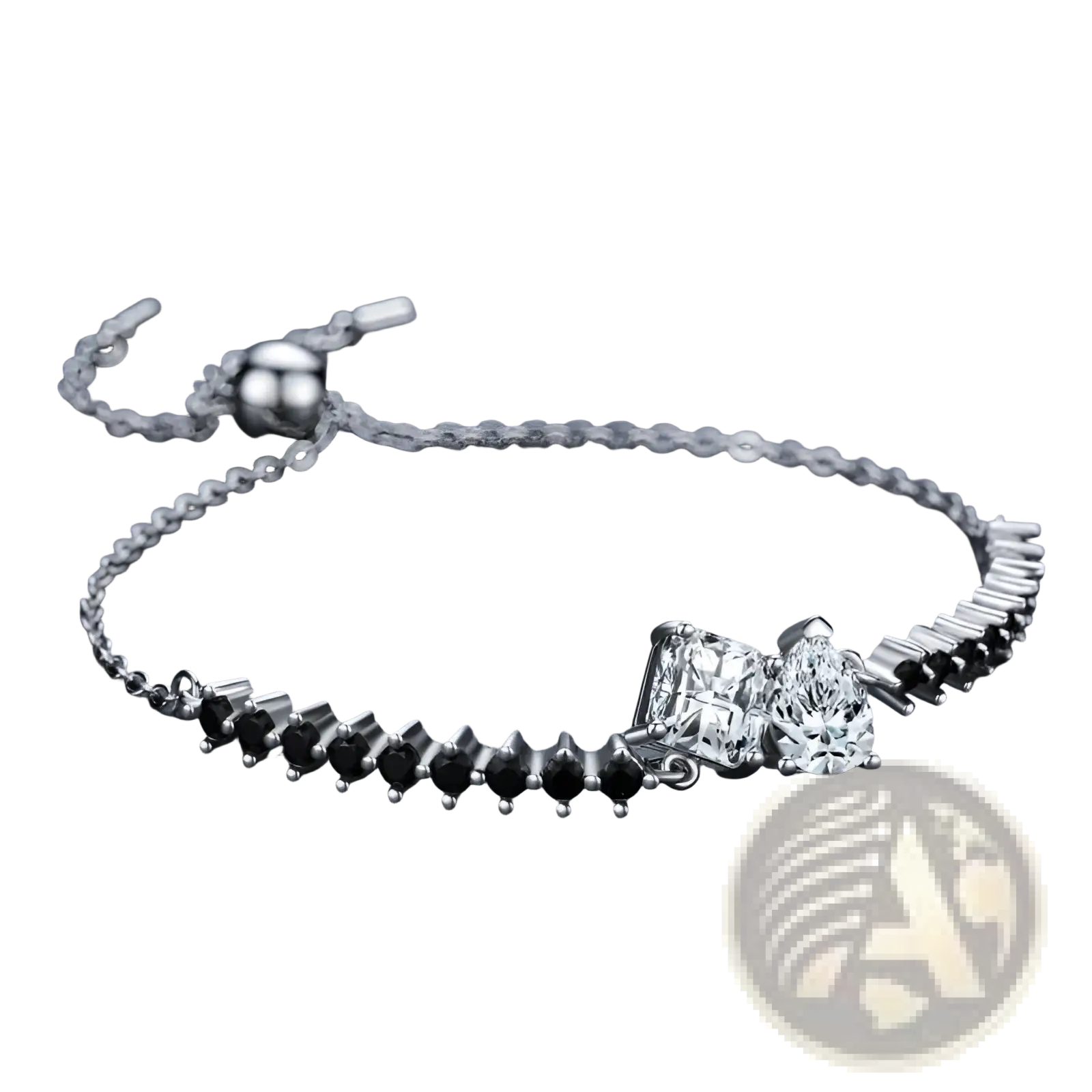 Sterling silver zircon heart bracelet featuring a chain with black and clear cubic zirconia stones and clear gemstones
