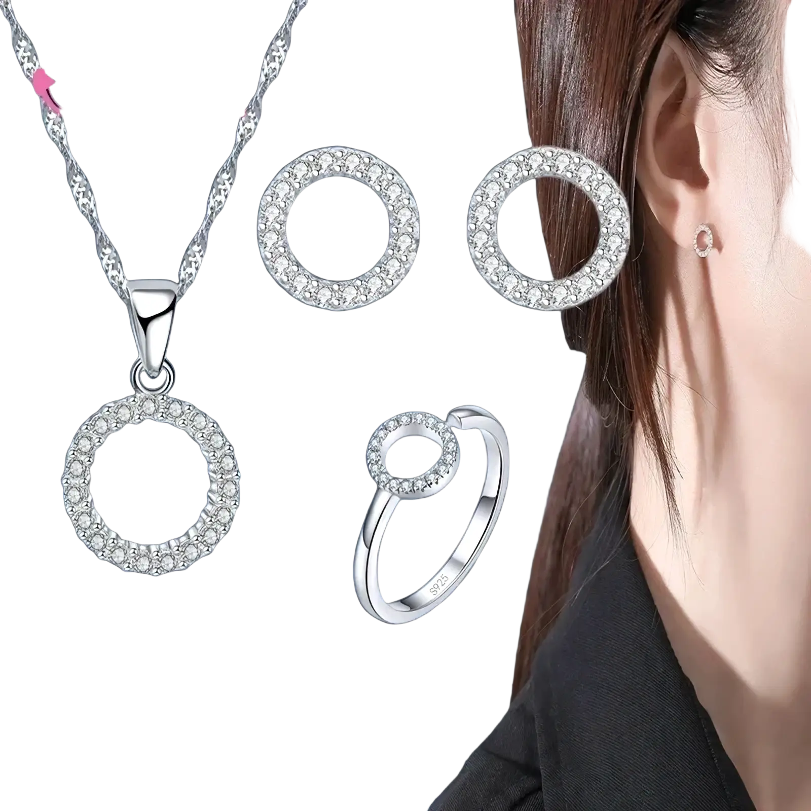 Sterling silver zircon jewelry set for women with necklace earrings and ring featuring circular designs and clear stones