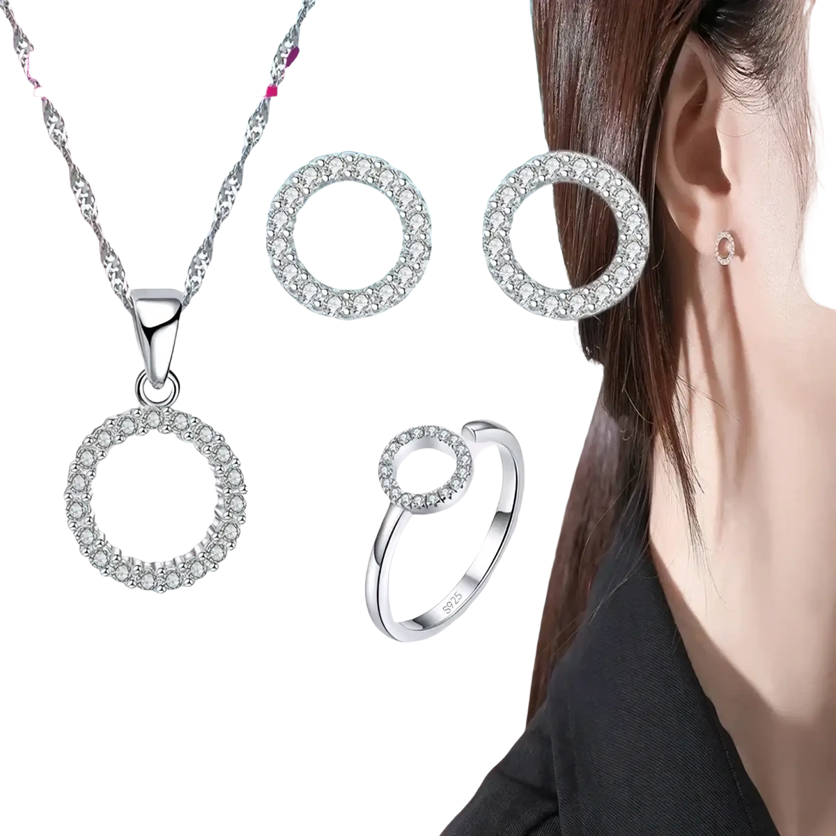 Silver hoop necklace with pave-set clear zircon stones and matching earrings and ring set in sterling silver by yameli