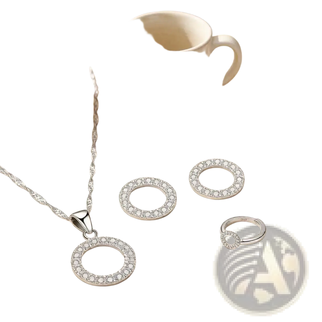 Sterling silver zircon jewelry set featuring a silver necklace with clear crystal encrusted circular pendant and twisted chain