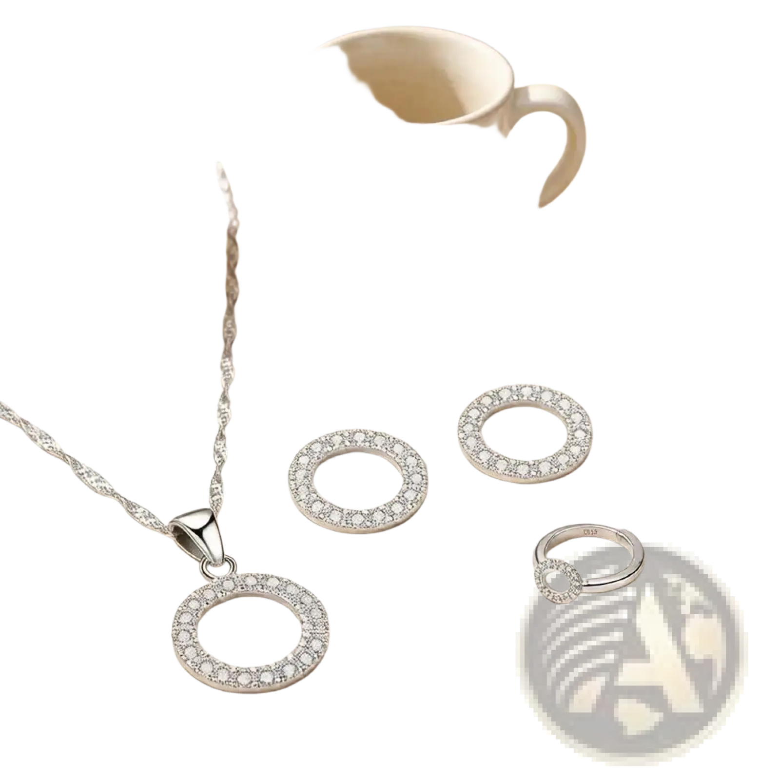 Sterling silver zircon jewelry set featuring a silver necklace with clear crystal encrusted circular pendant and twisted chain