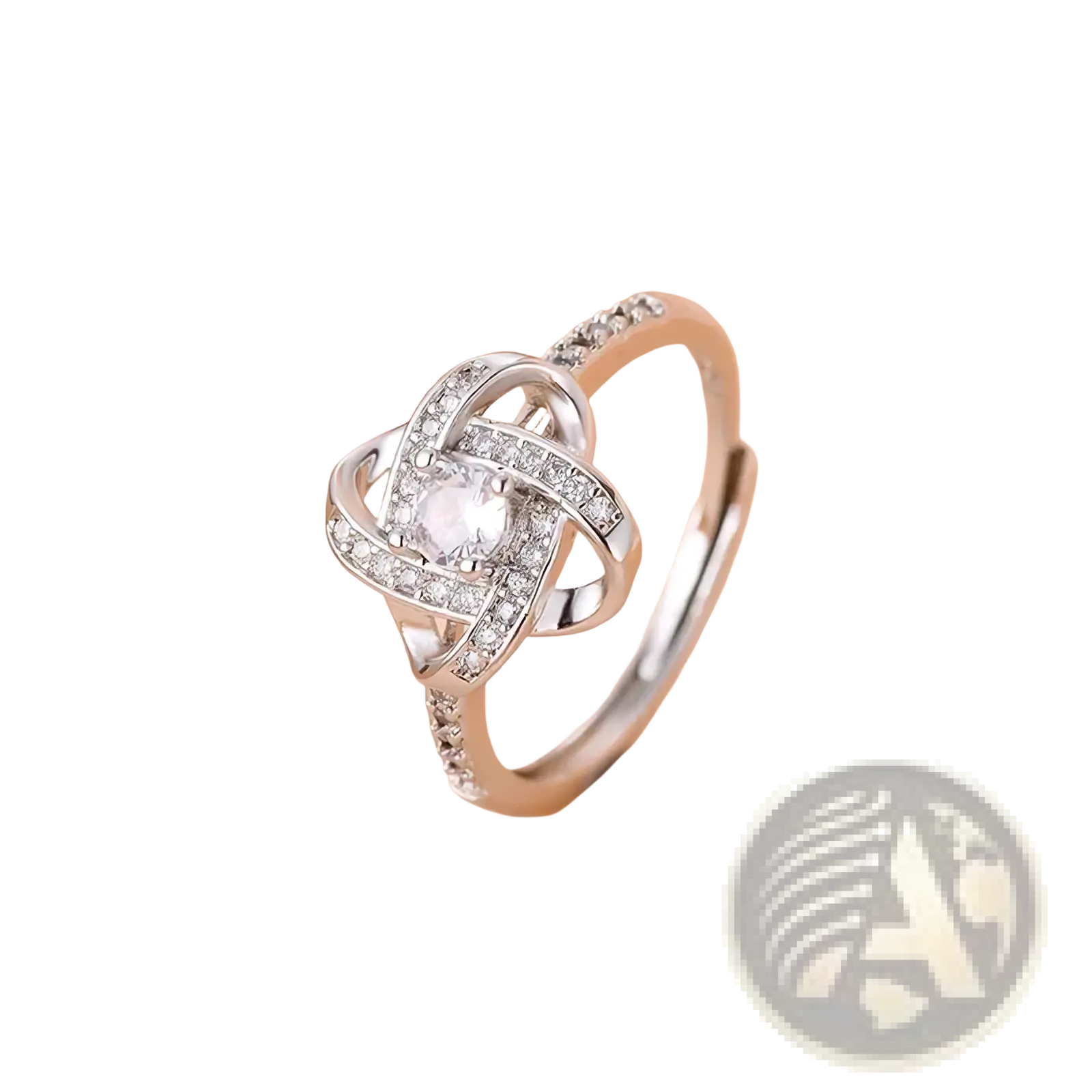 Sterling silver zircon knot ring featuring a central clear gemstone and smaller diamonds in an intricate design