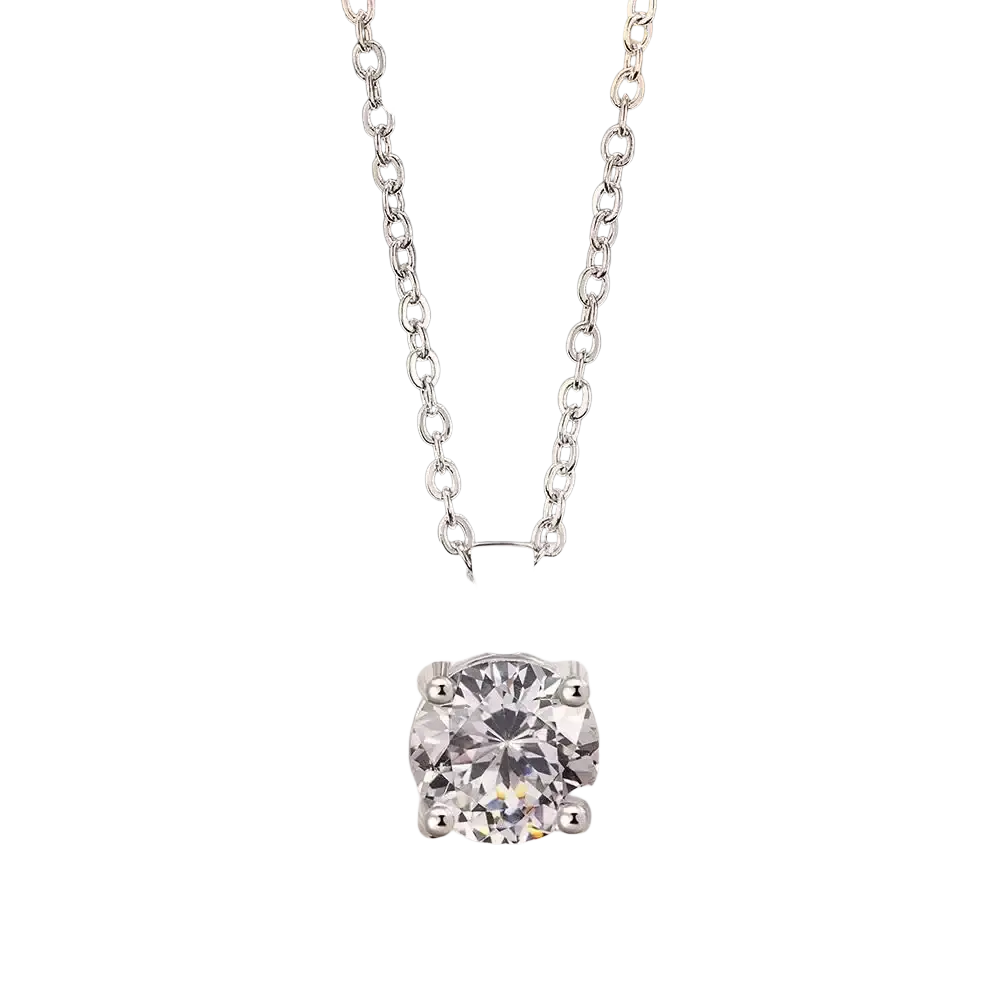 Sterling silver chain necklace with a round clear cubic zirconia pendant held by four prongs