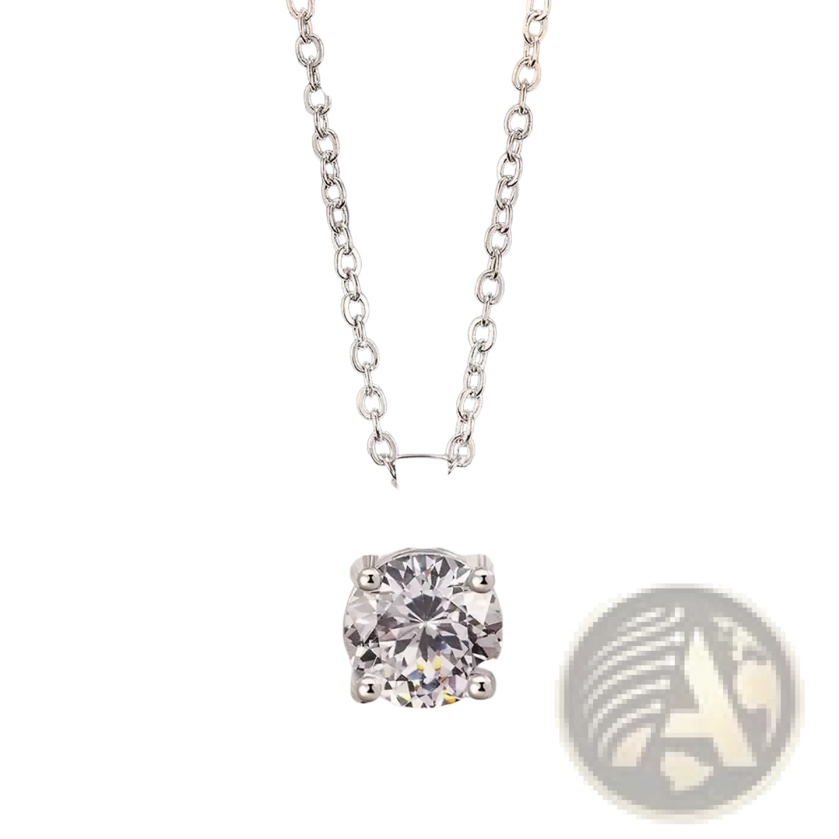 Sterling silver chain necklace with a round clear cubic zirconia pendant held by four prongs