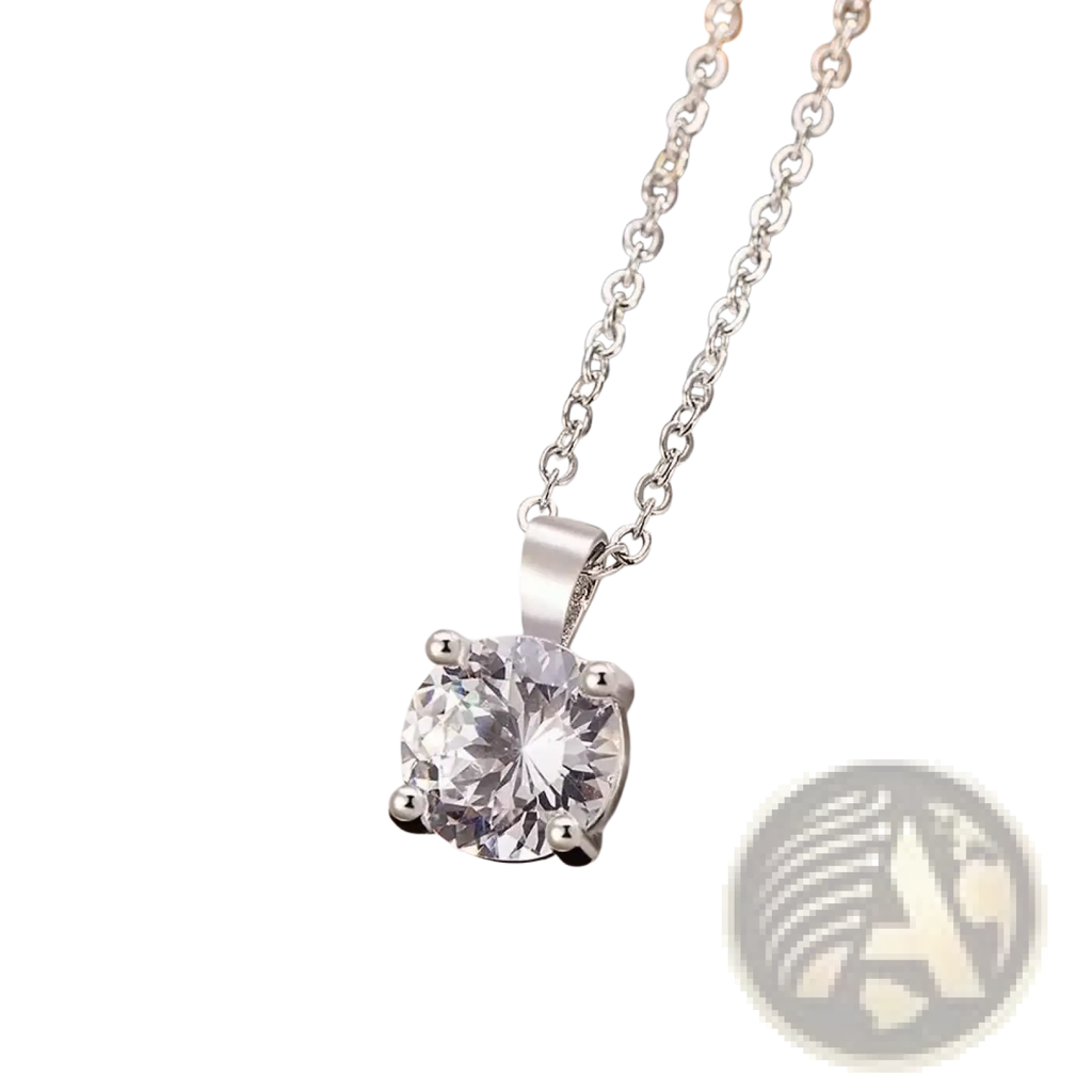 Sterling silver zircon pendant necklace with a round clear crystal set in four prongs on an elegant silver chain
