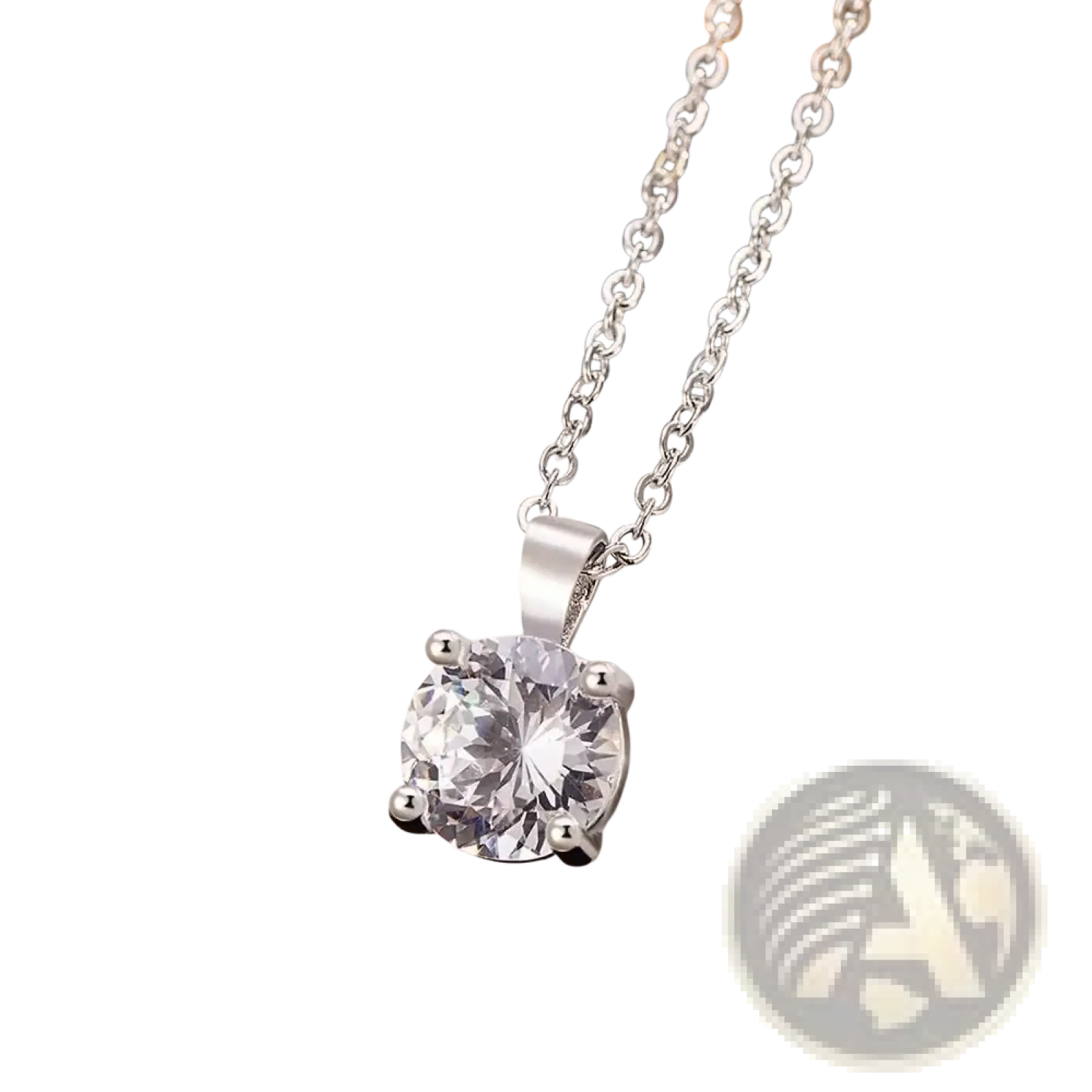 Sterling silver zircon pendant necklace with a round clear crystal set in four prongs on an elegant silver chain
