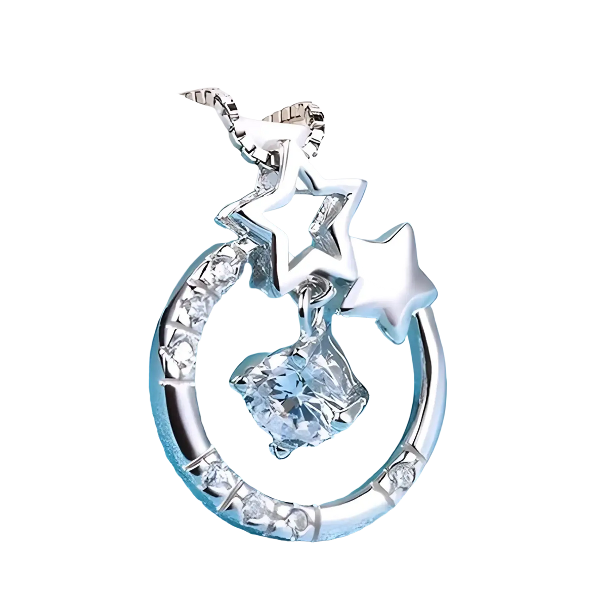 Sterling silver crescent moon pendant necklace for women adorned with clear zircon crystals and dangling star charms