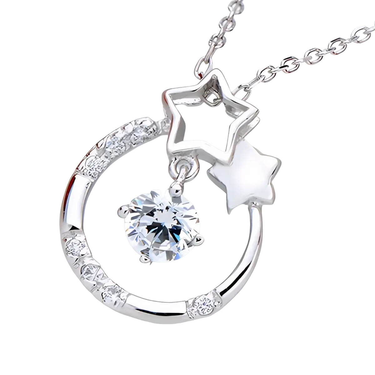 Sterling silver zircon pendant necklace featuring a silver crescent moon with embedded crystals and star charms
