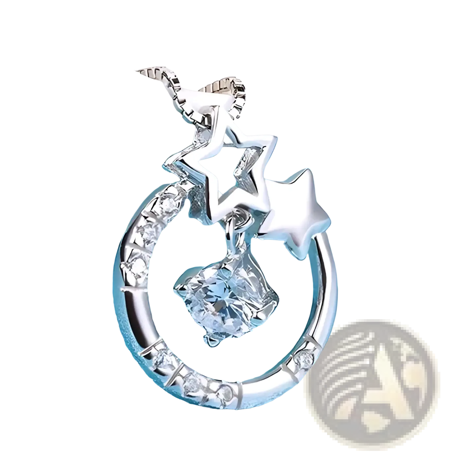 Sterling silver crescent moon pendant necklace for women adorned with clear zircon crystals and dangling star charms