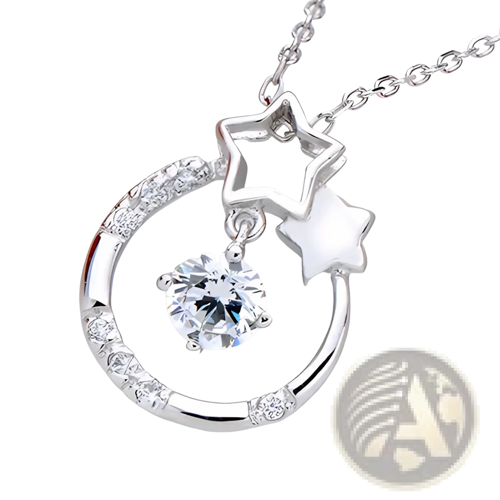Sterling silver zircon pendant necklace featuring a silver crescent moon with embedded crystals and star charms