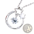 Sterling silver zircon pendant necklace featuring a silver crescent moon with embedded crystals and star charms